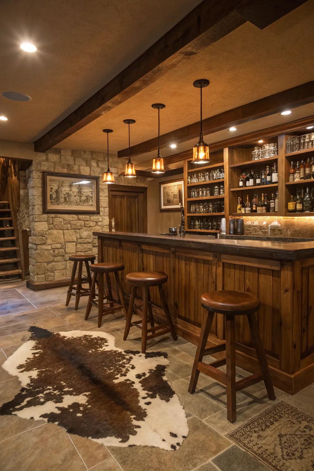 A bovine skin floor covering injecting feel and coziness into the bar area.