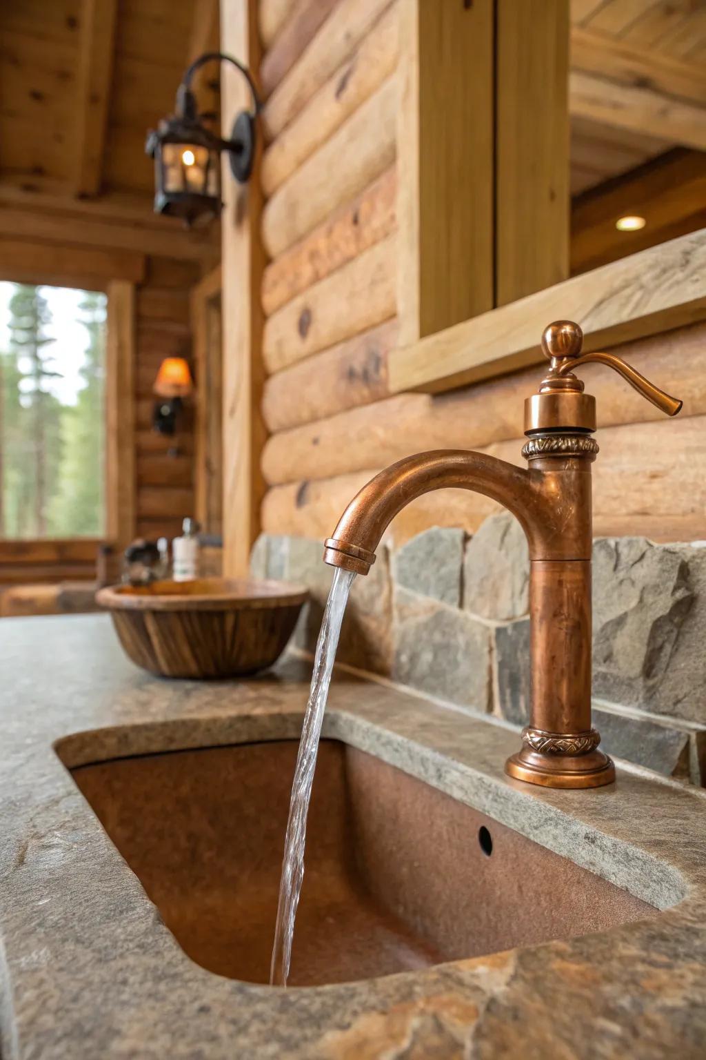 Smooth shapes bring a touch of sophistication to rustic bathrooms.