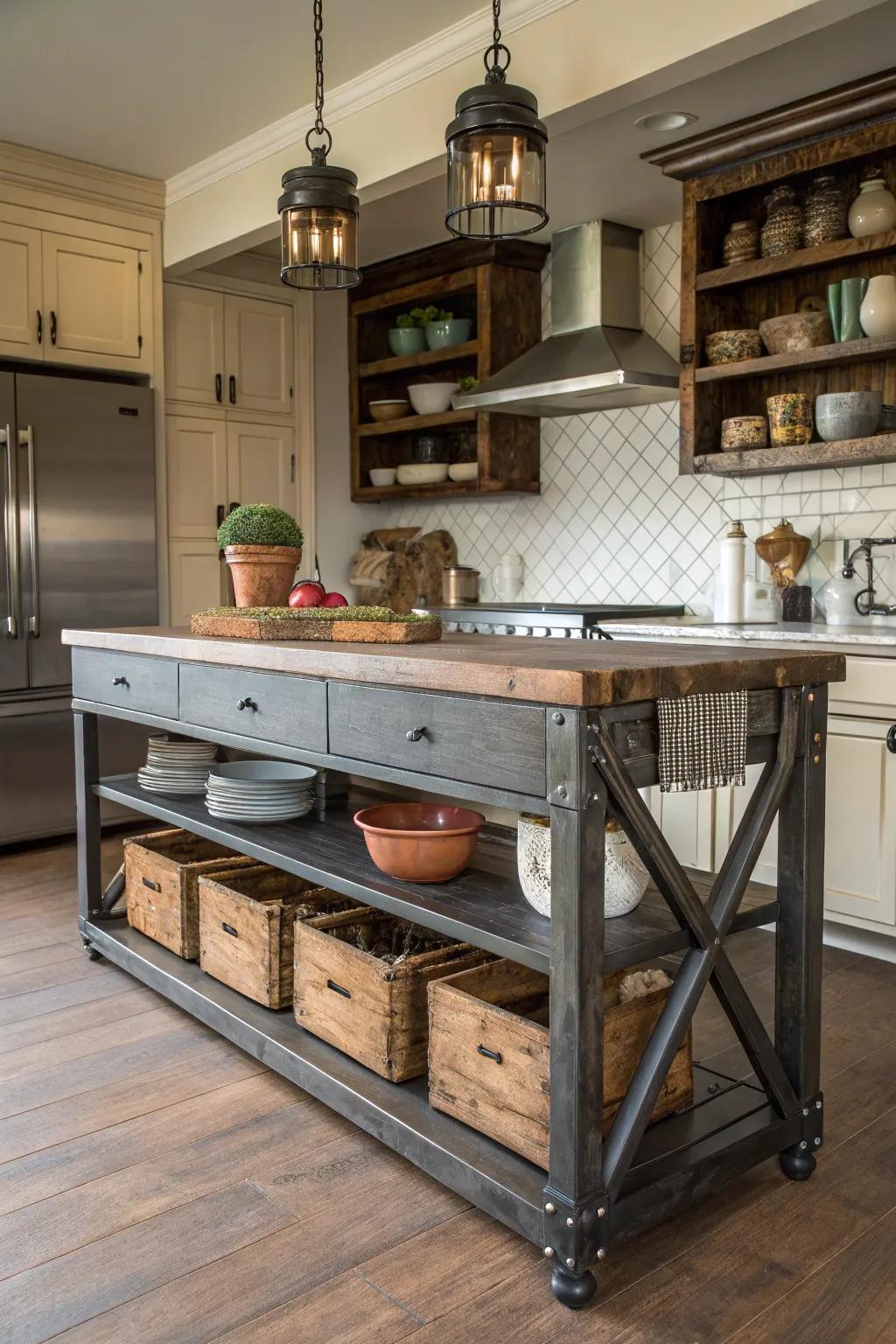 A countryside kitchen island merging industrial components with countryside design.