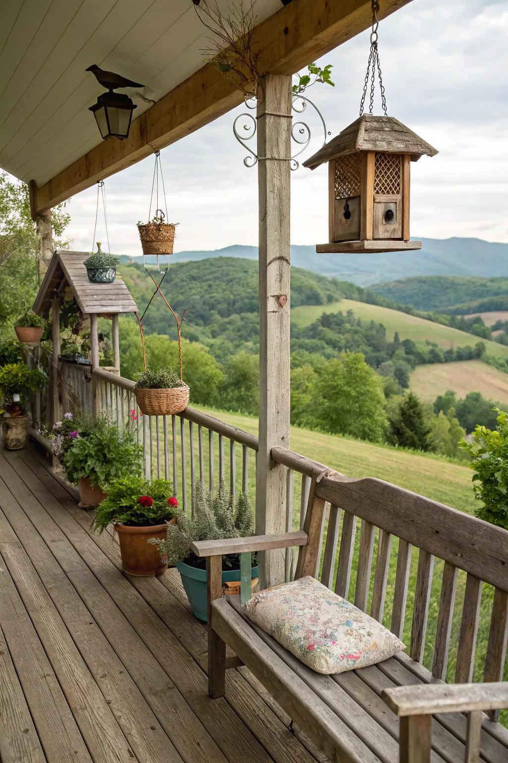 Seed holders invite nature to this farmhouse porch.