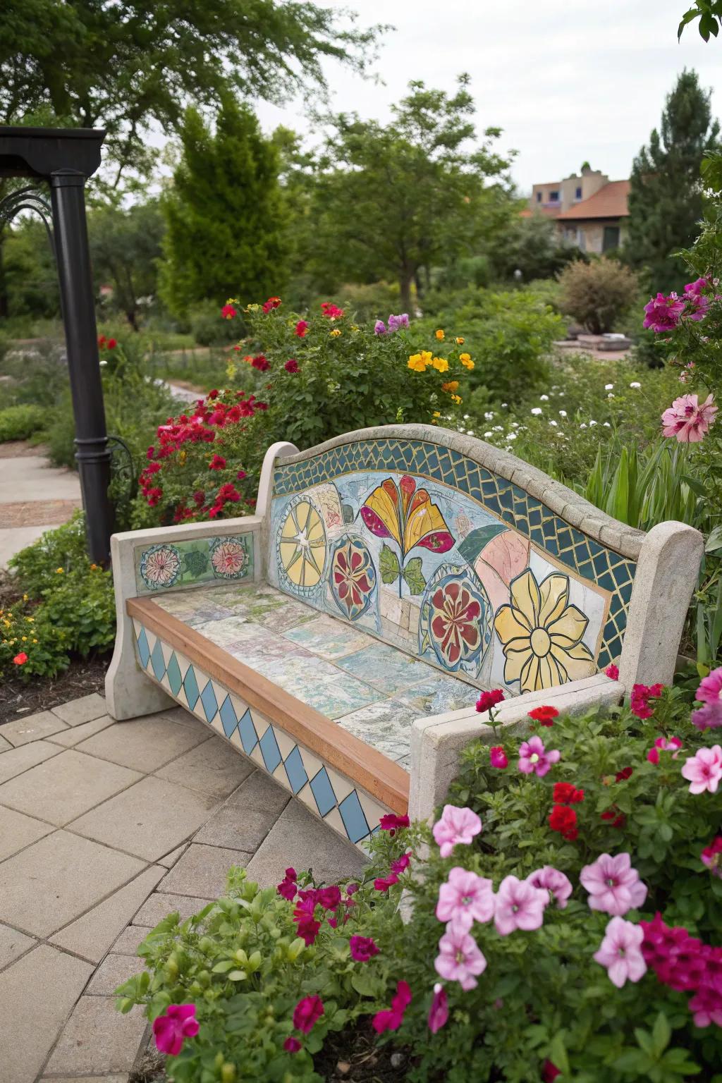 A garden seat decorated with a beautiful mosaic pattern.