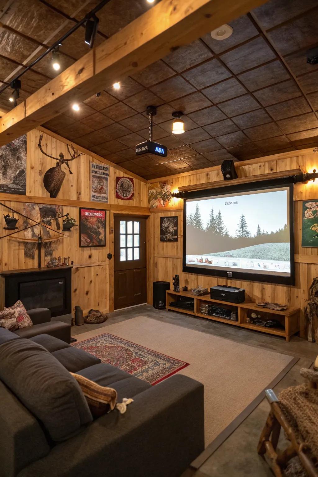 A projection system delivers a cinematic encounter within the ease of your masculine retreat.