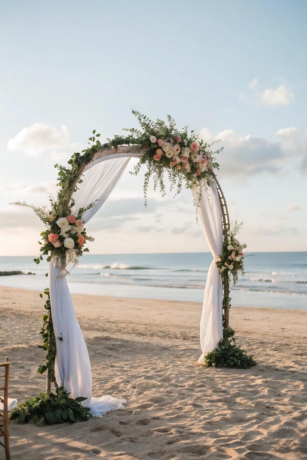 An ostensibly gliding arch, which introduces a touch of magic into a seaside ceremony.