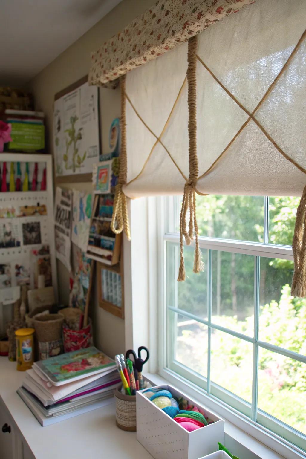 A creative craft room featuring a valance accentuating twine particulars, contributing a handmade impression.