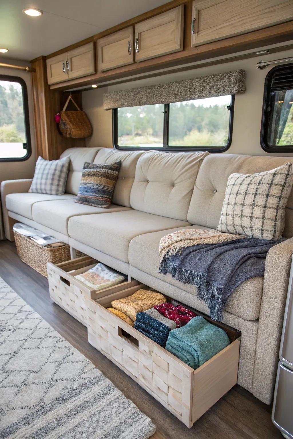 Furniture with built-in sections for unseen laundry storage in an RV.