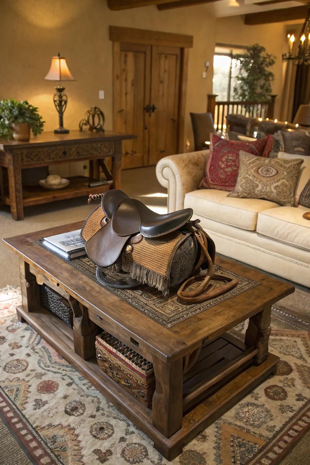 An equestrian showpiece introduces rugged allure to this living room's coffee table.