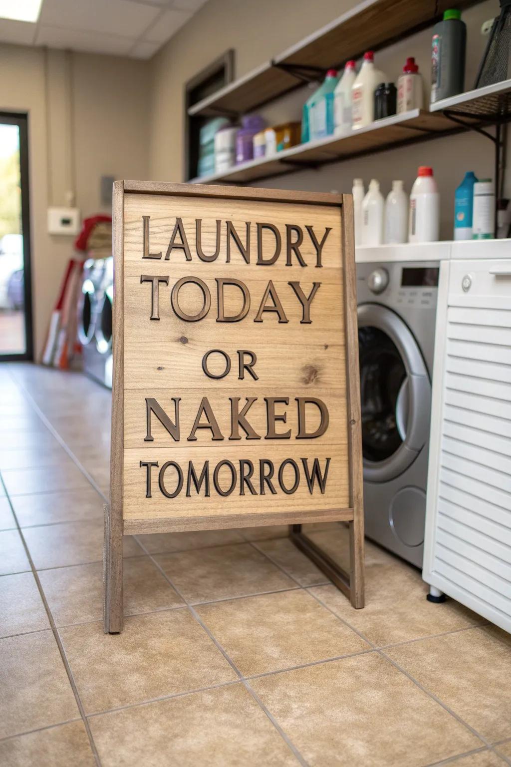 Introduce humor to chores with a playful laundry sign.