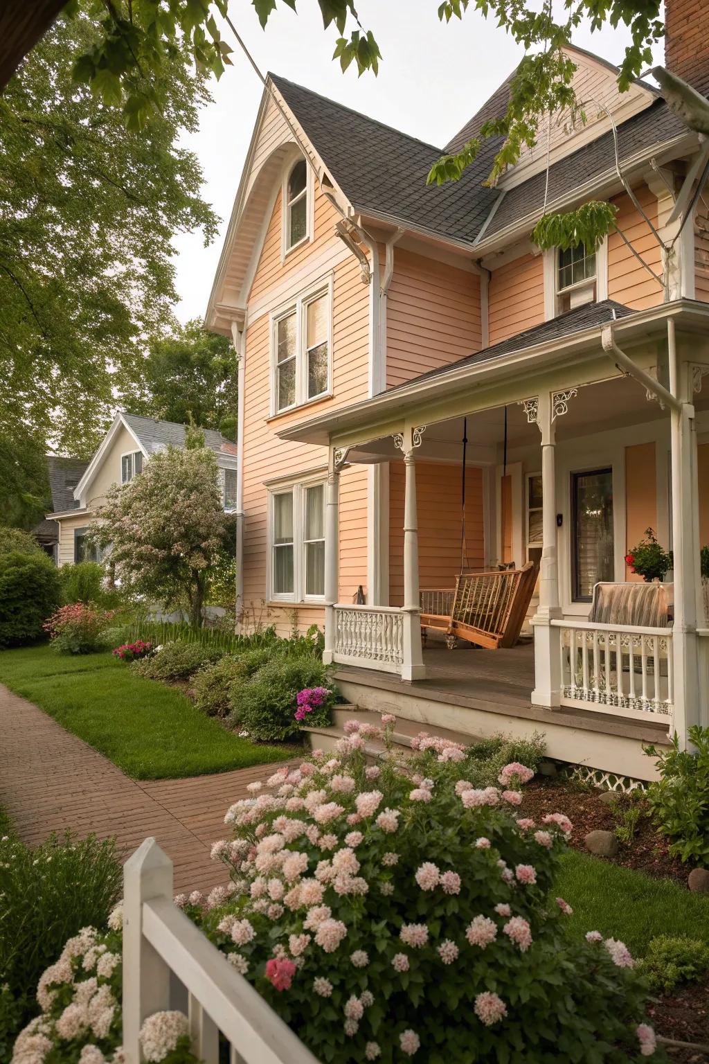 Timeworn apricot outer walls for a warm and nostalgic residential facade.