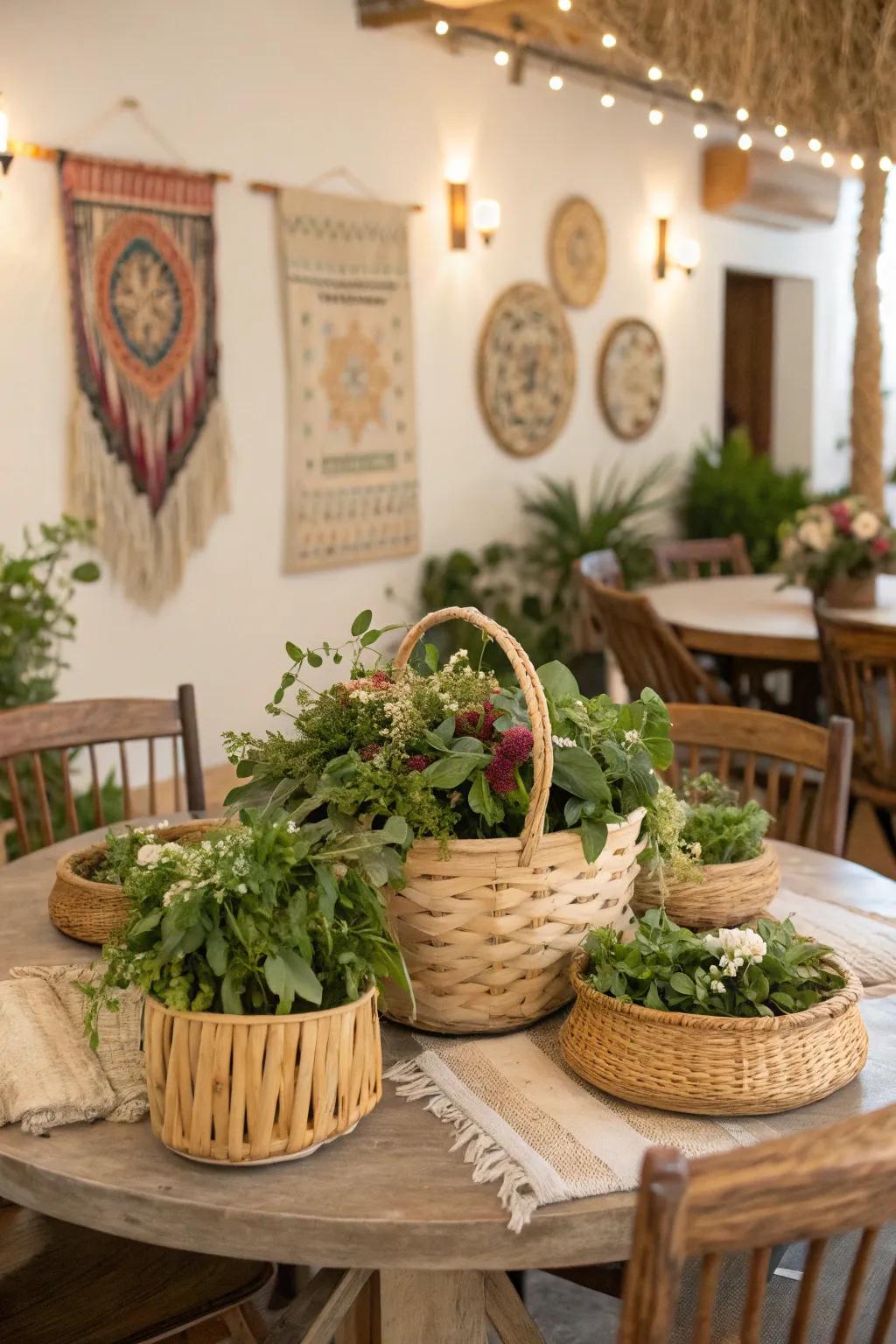 Woven baskets filled with greenery give a boho vibe to the centerpiece.