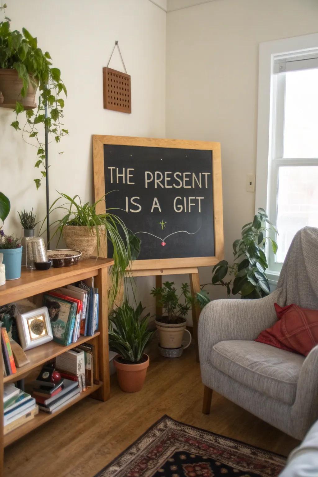A space featuring a chalkboard quote that celebrates the gift of the present moment.