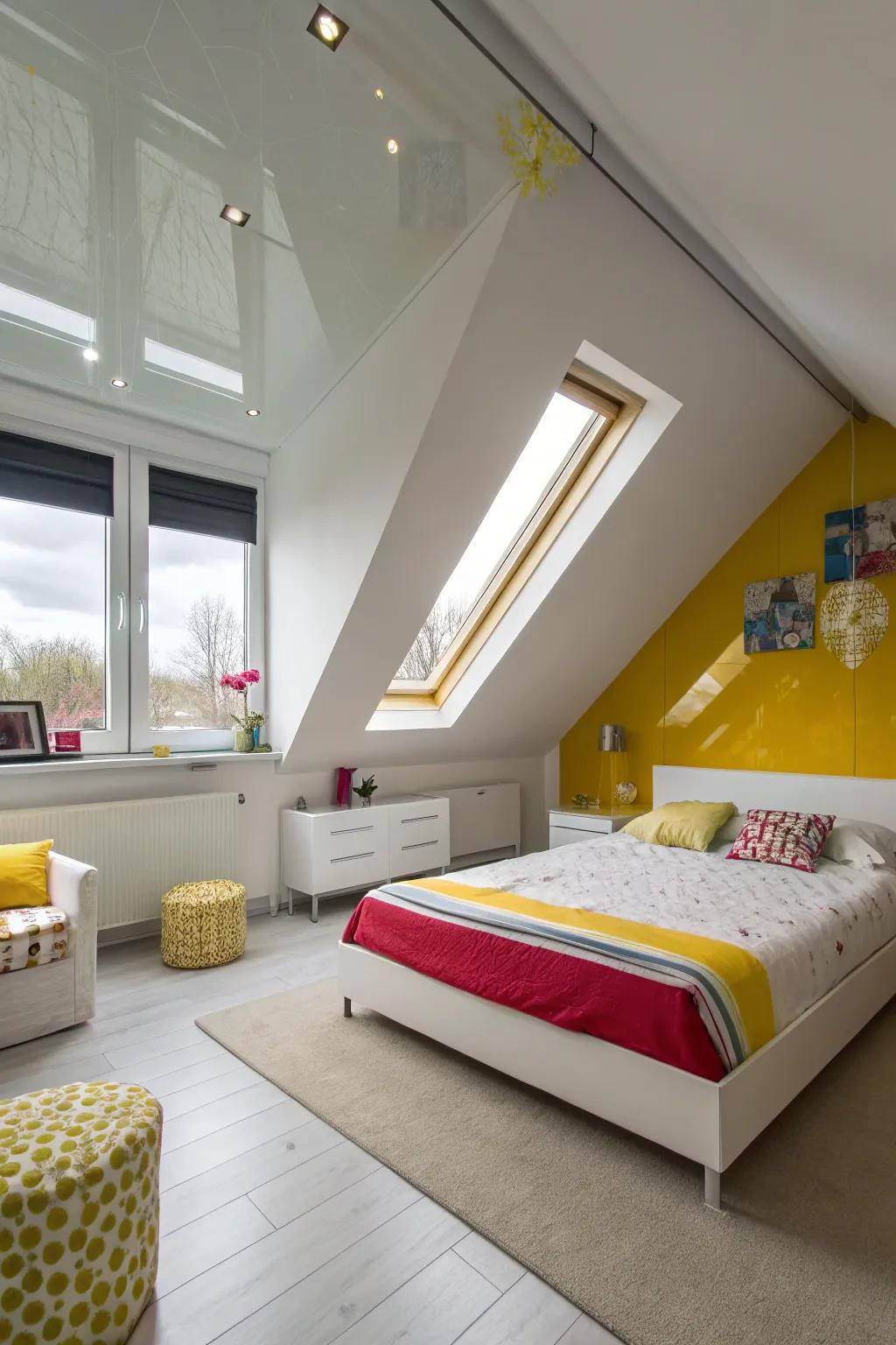In this modern bedroom, glossy paint reflects light and gives the impression of more space.