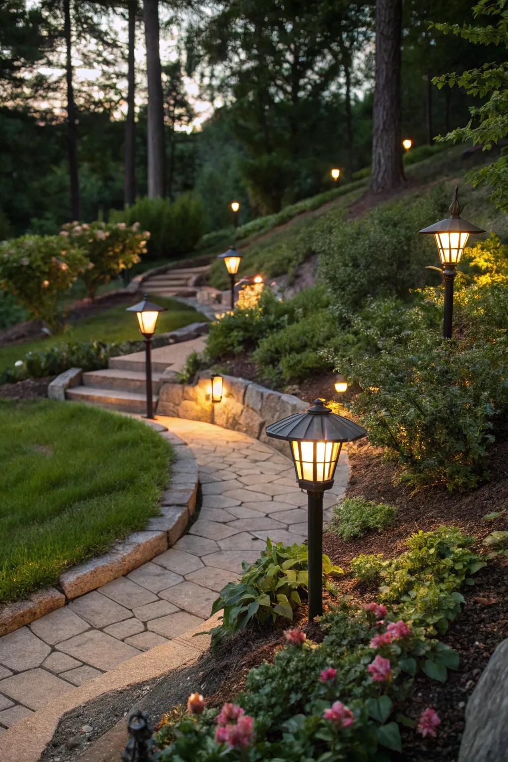 Sun-powered illumination brightens paths sustainably in gardens on a slope.