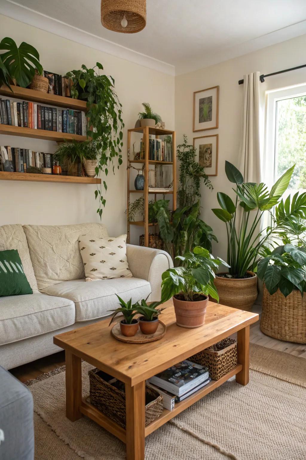 Indoor plants add life and freshness to this cozy living room.