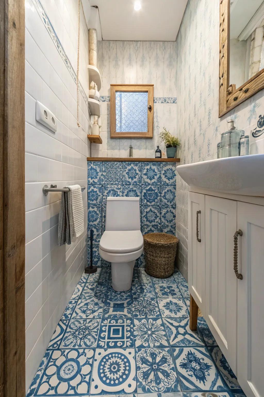 Blue patterned floor tiles contribute character and continuity into the bathroom.