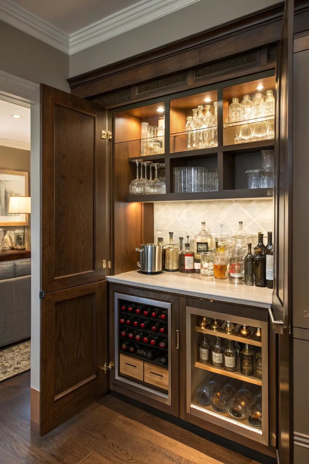 A hidden dry bar behind cabinet doors.