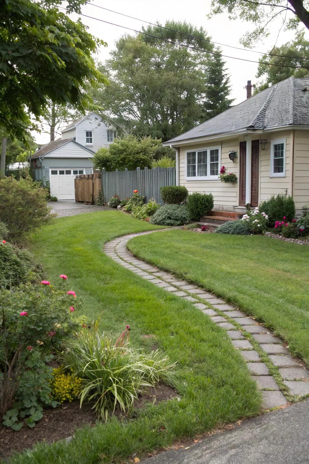 A grassy driveway tenders an eco-sympathetic and natural parking solution.