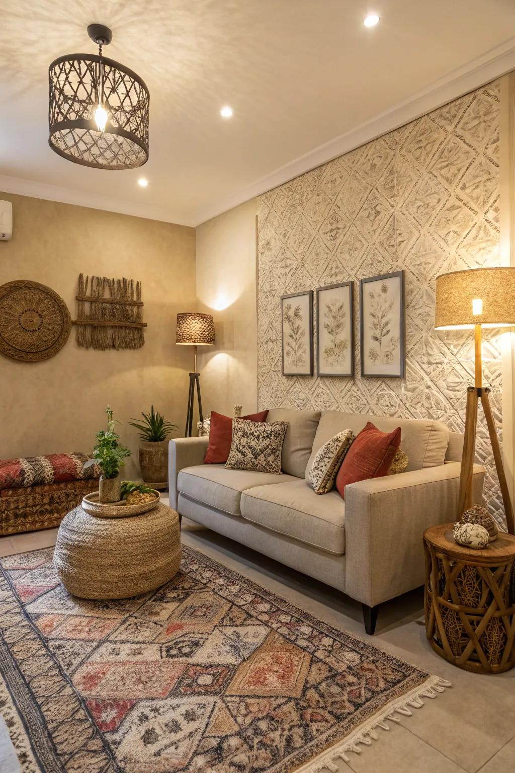 A compact living area featuring flat walls for a textured touch.