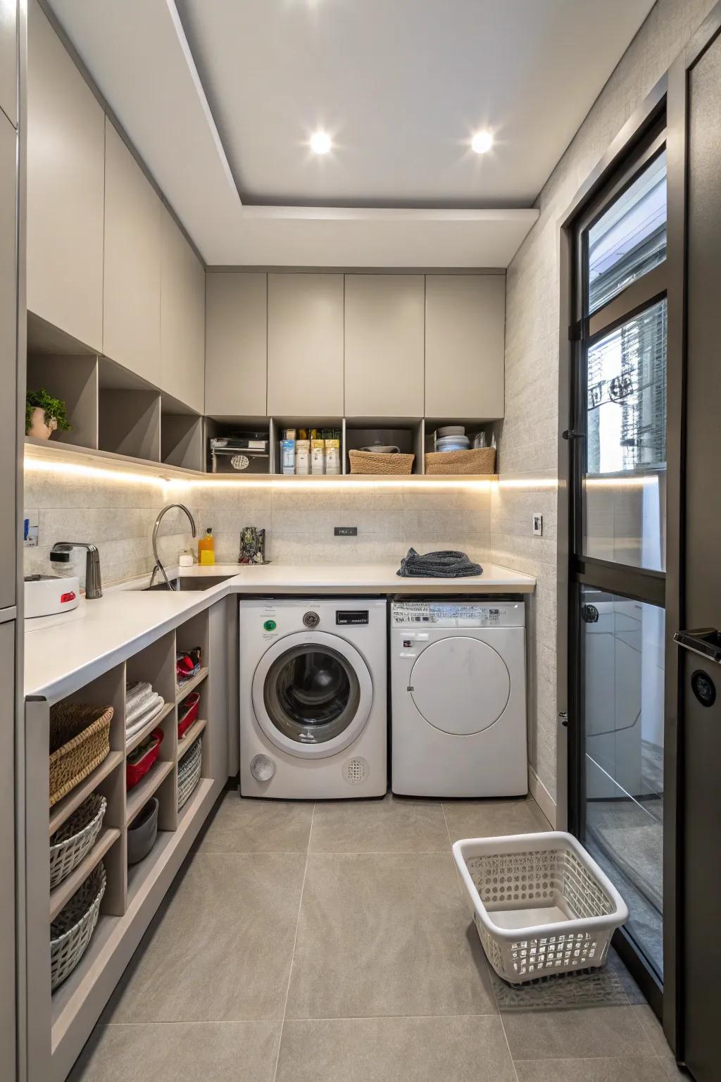 A compact kitchen and laundry layout designed with maximum efficiency in mind.
