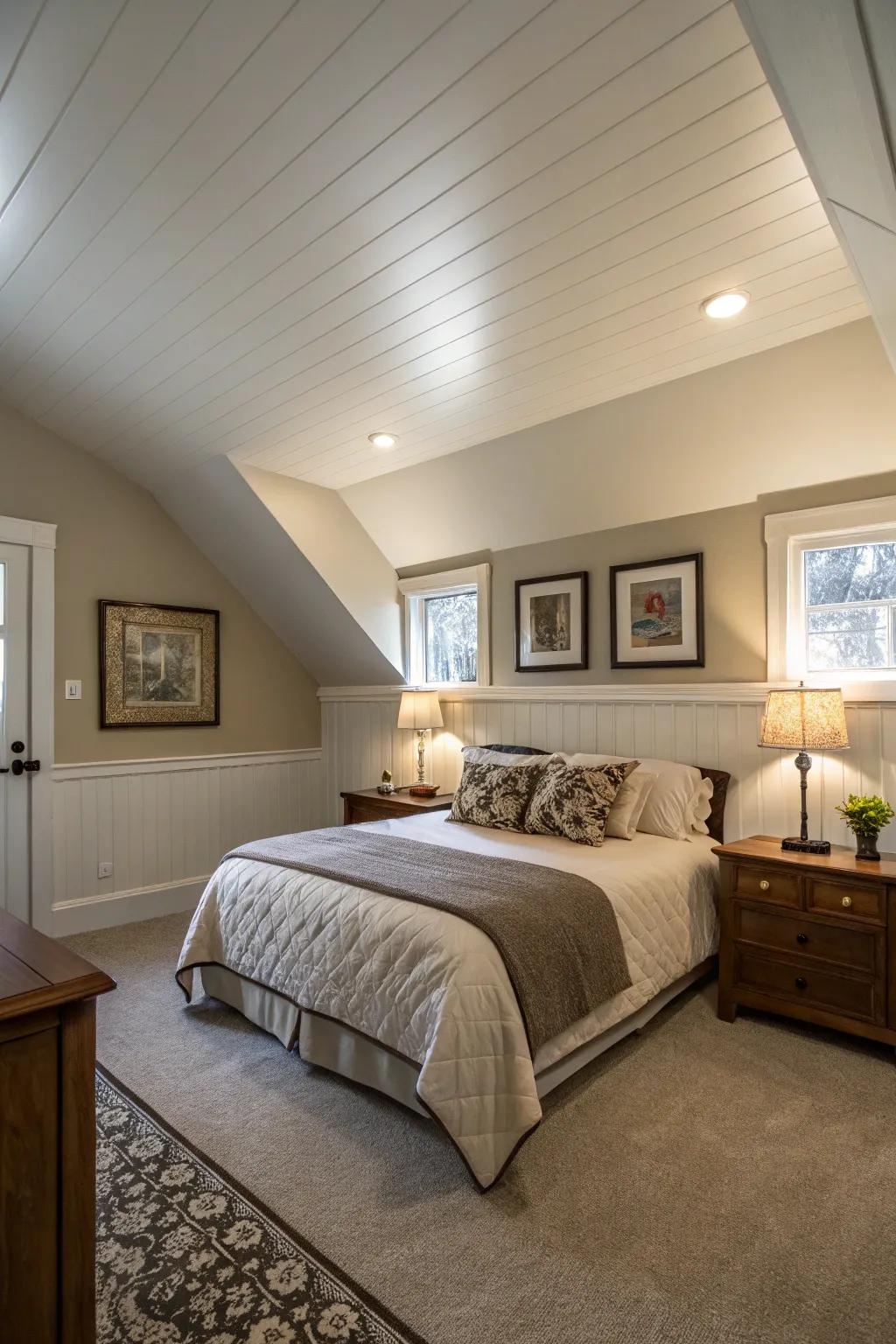A lighter ceiling adds a sense of height in a compact master bedroom.