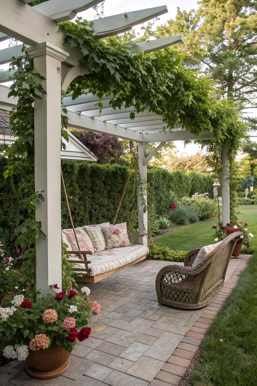 A swing seat adds a playful and cozy element to a small framework.