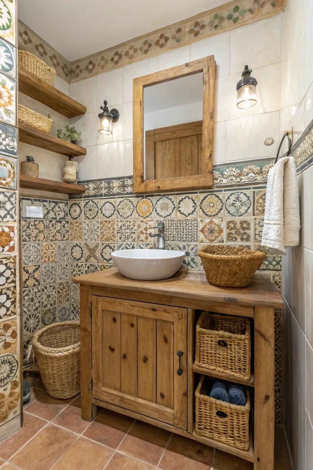 Lumber vanities gives warmth and balances the earthen shades.