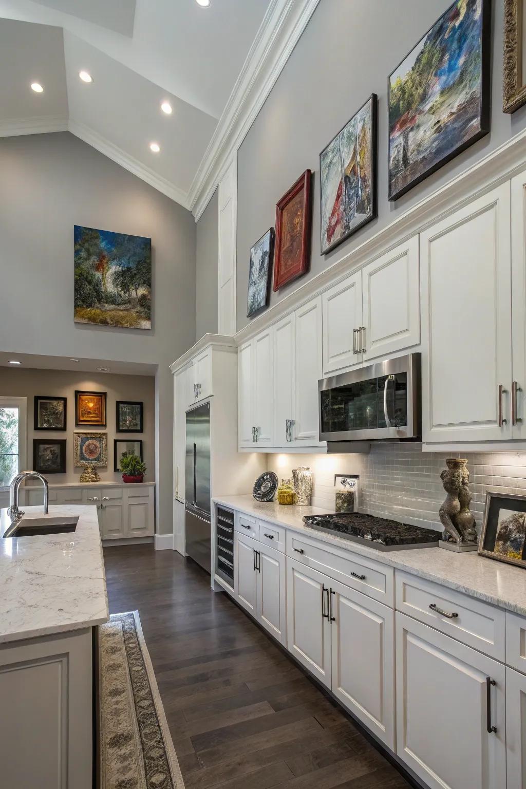 Artwork positioned above cabinets introduces a personal and artistic flair to the kitchen.