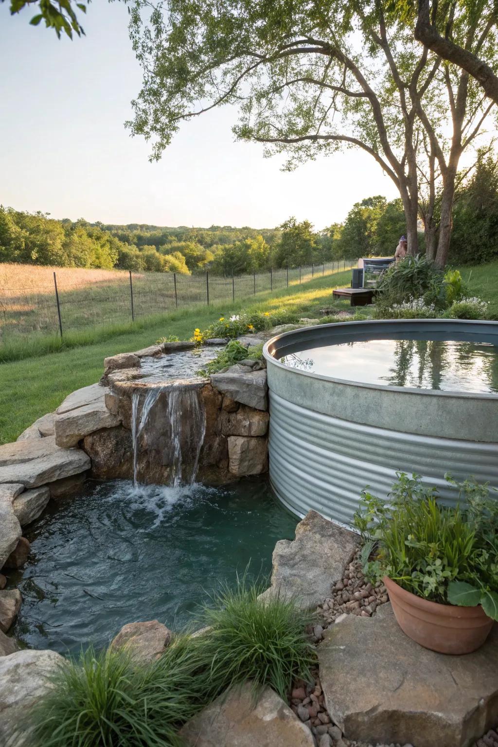 A cascade constituent introduces a soothing element for a water trough pool.