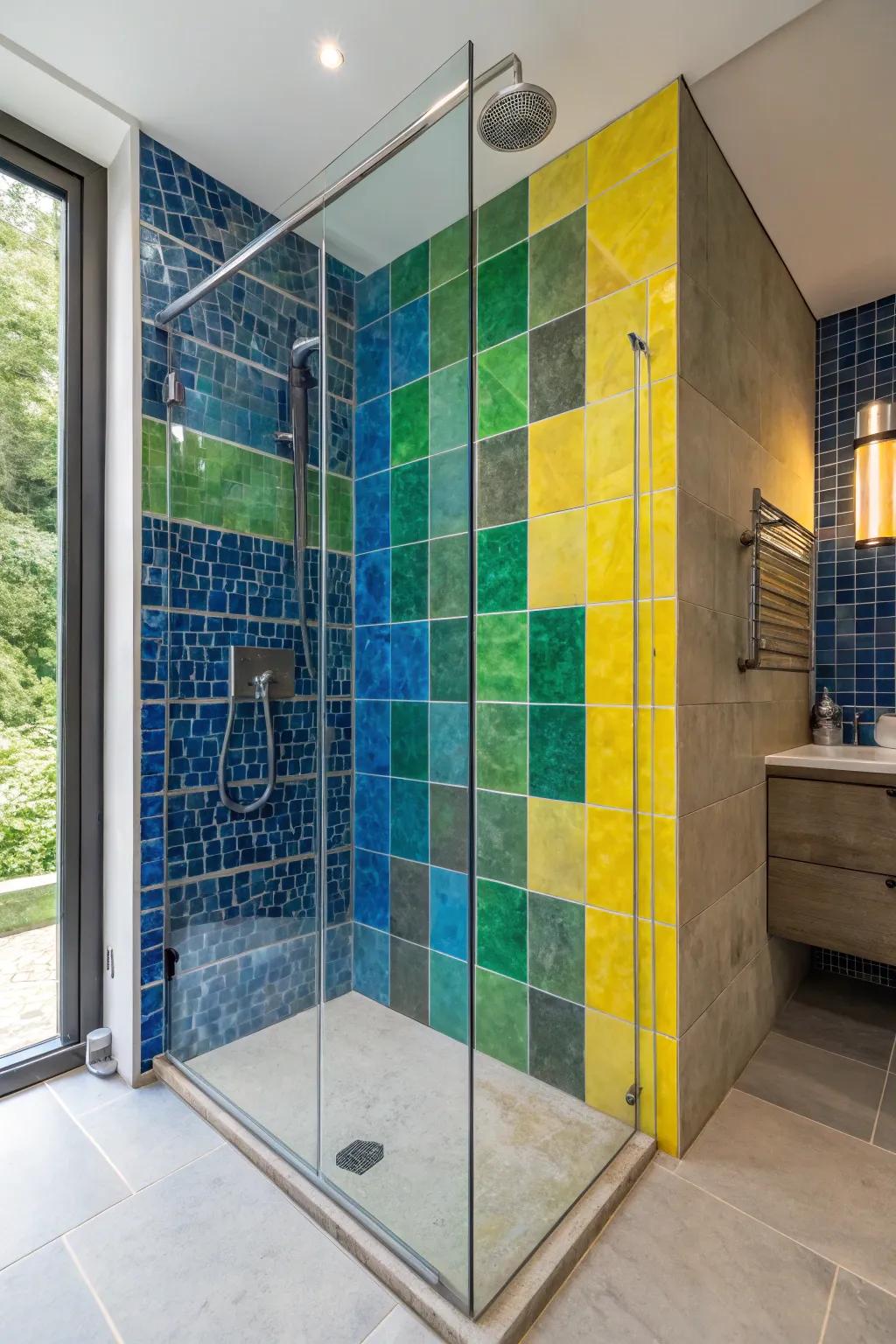 Multi-Colored stones create a bold statement in shower designs.