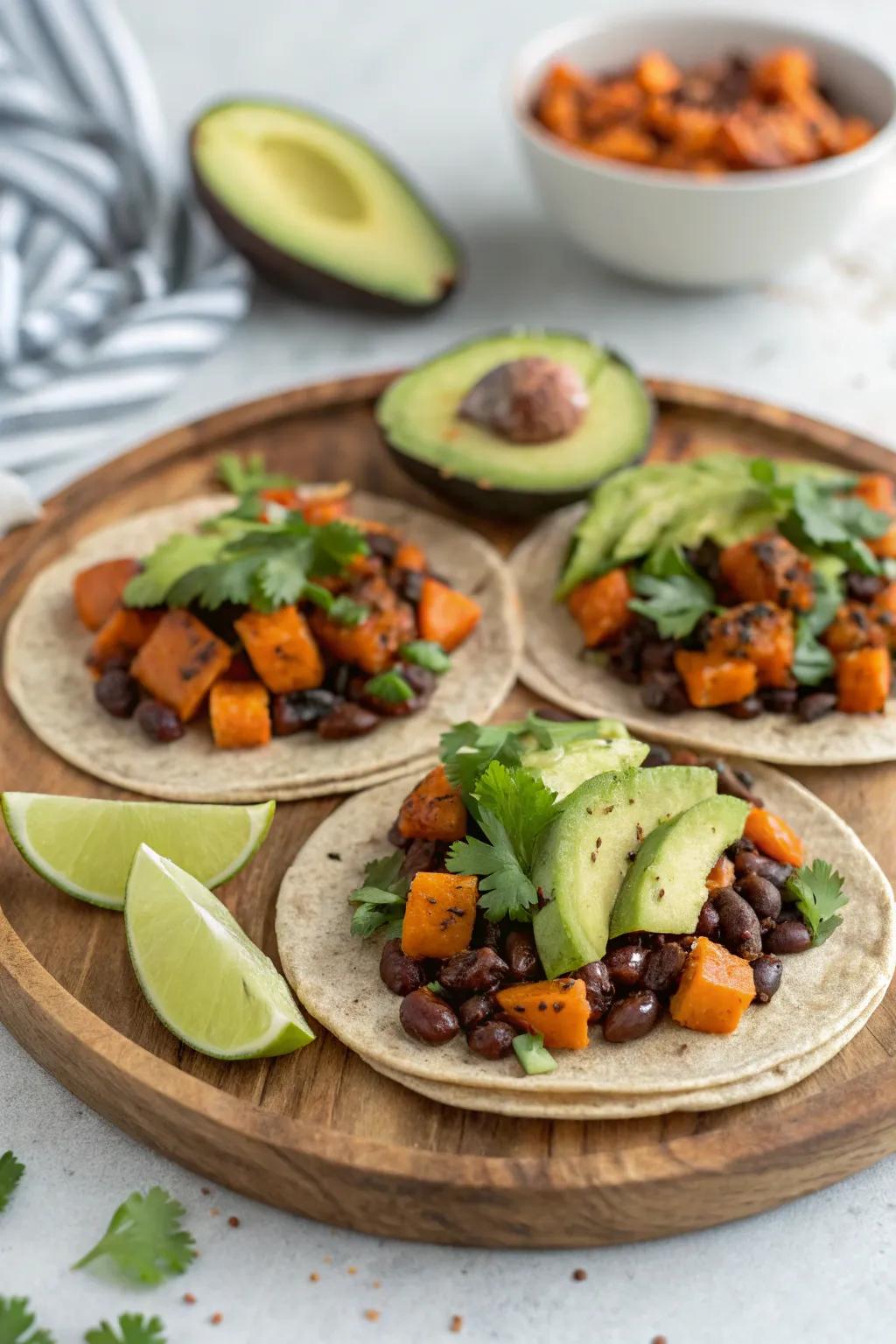 Golden root and dark bean tacos, filling and nutritious.