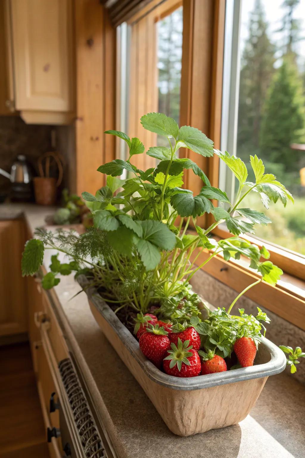 A fragrant and flavorful planter blending strawberries and herbs.
