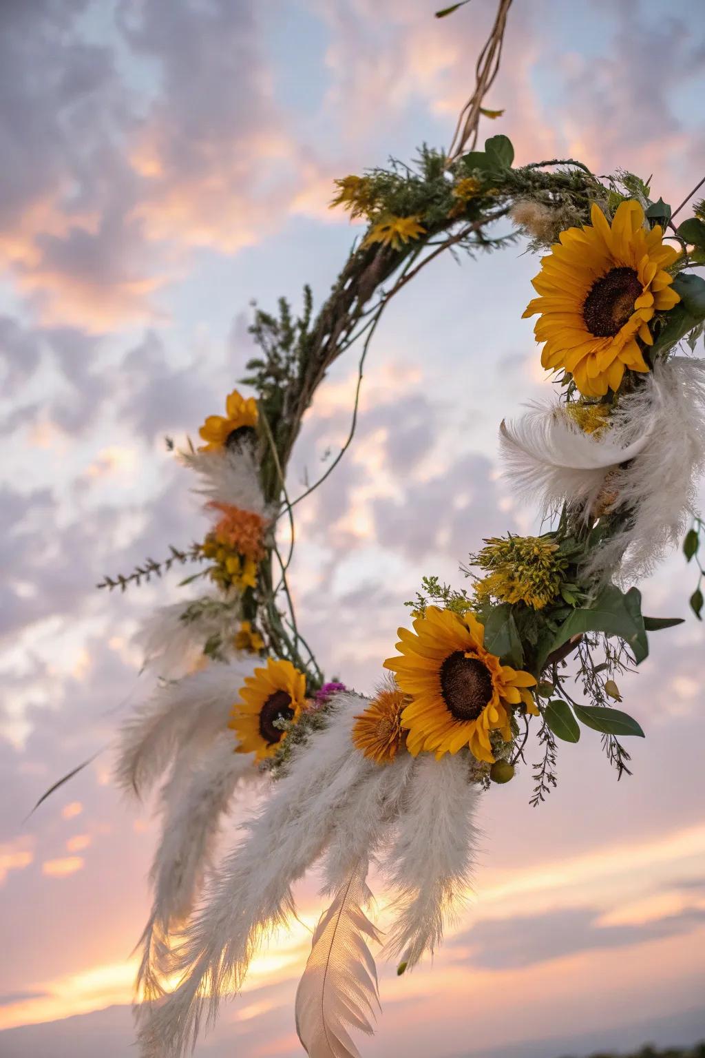 Ethereal beauty is captured through sunflowers and exquisite plumes.