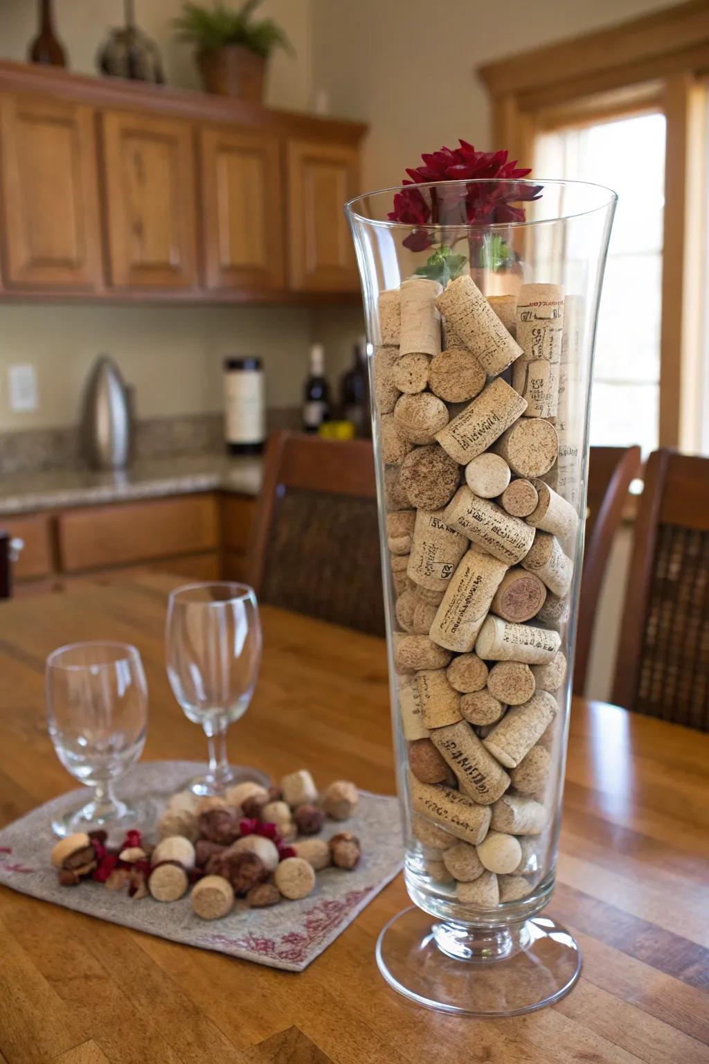 A tall glass vase stratified through fermented grape closures, introducing a personal, rustic highlight to the culinary space.
