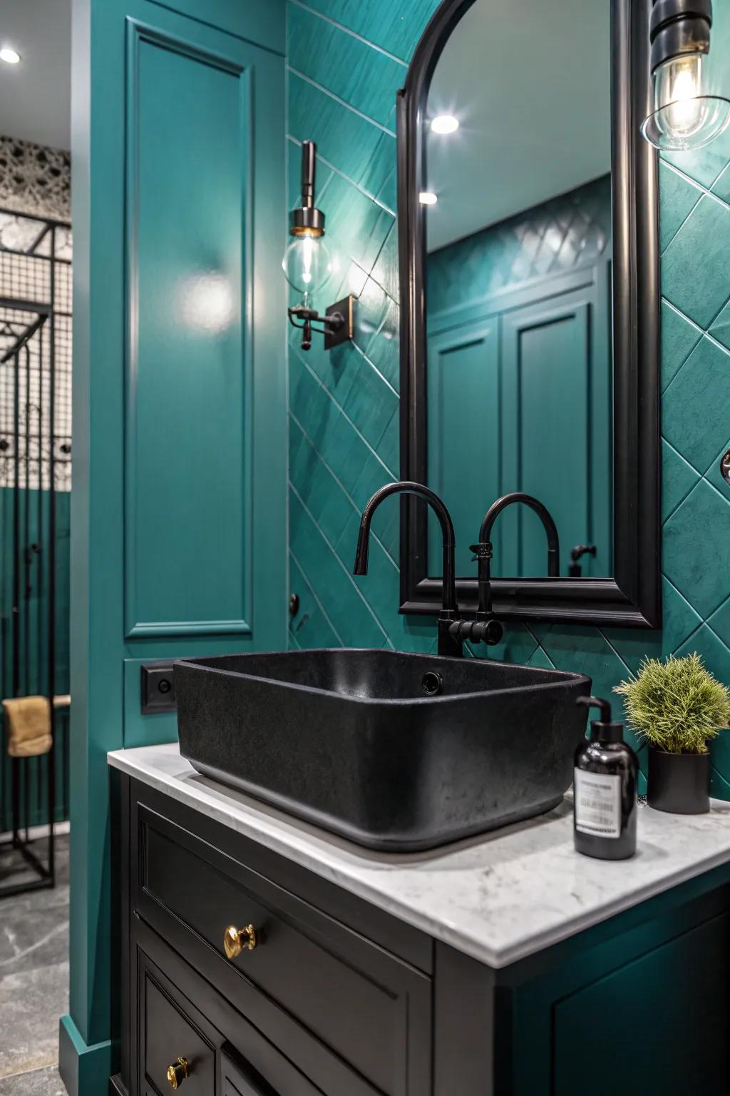 Design drama using teal and ebony features.