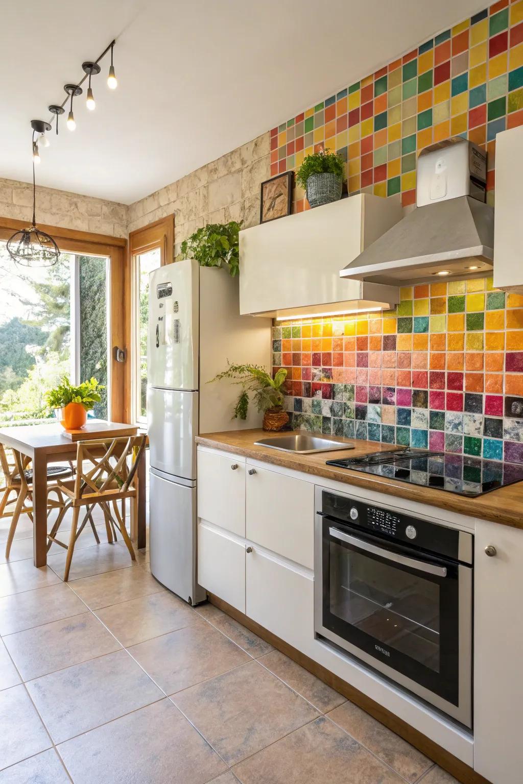 Mosaic panels inject vibrant detail and creativity to this kitchen.