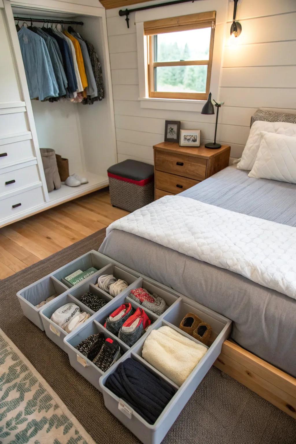 Efficient under-bed storage in a tiny house bedroom