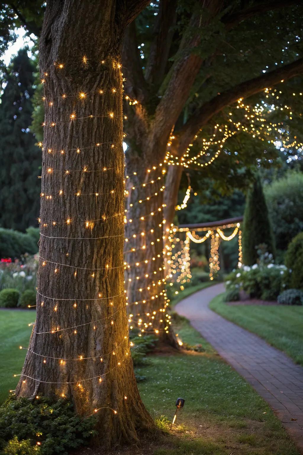 Interlaced lights transmute tree bases into a sparkling wonderland.