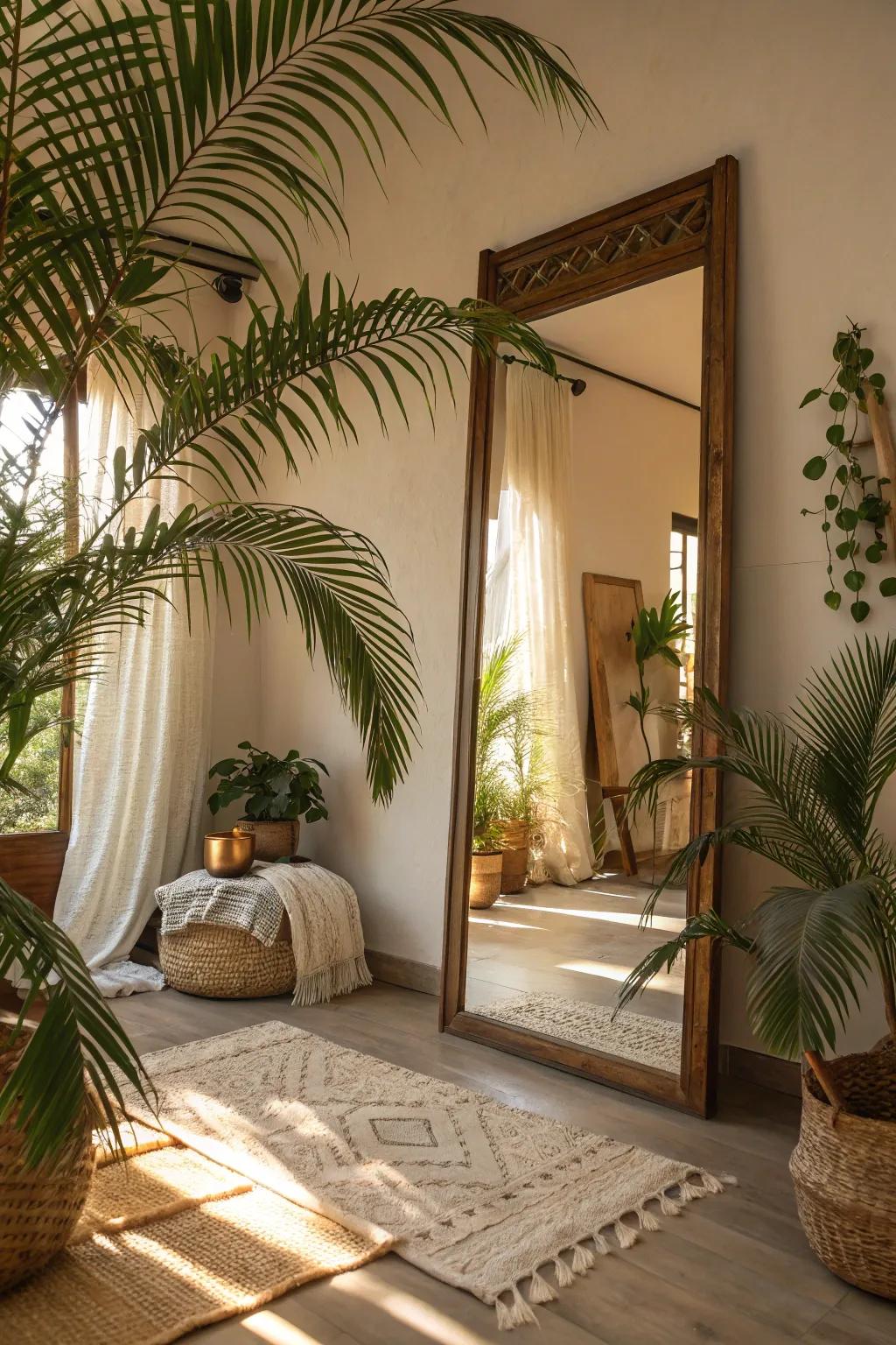 Mirrors with tropical frames reflect light and amplify the room.