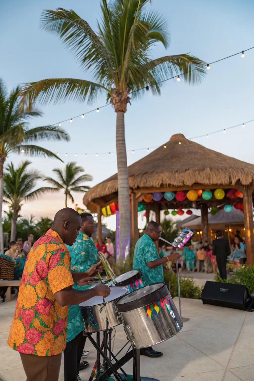 Live tunes from a steel drum band set the mood.