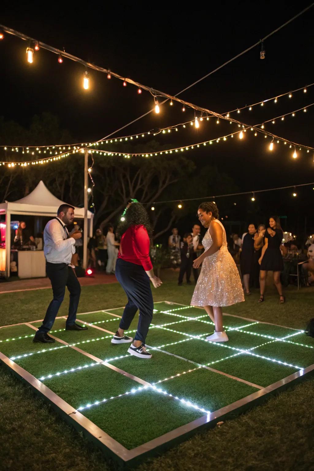 A whimsical dance ground on lawn for gatherings.