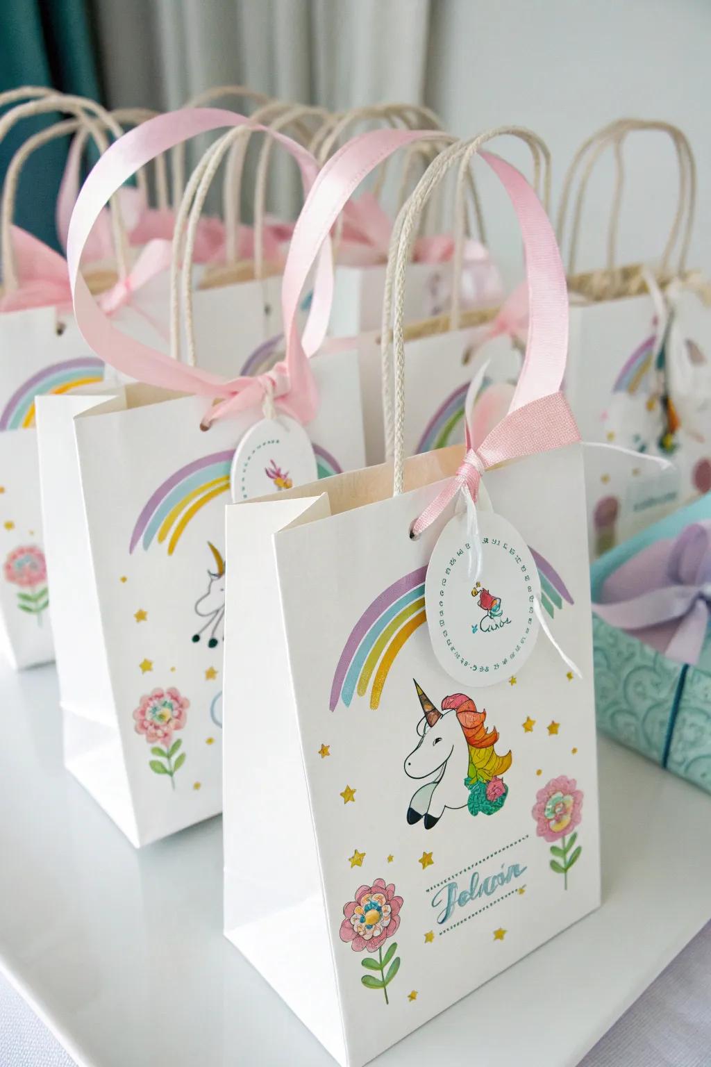 Customized labels making unicorn treat sacks remarkable.