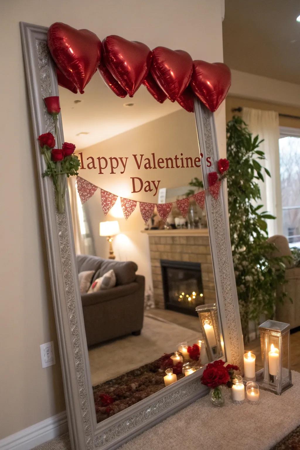 Graceful reflectors brighten and expand the Valentine's mantel.