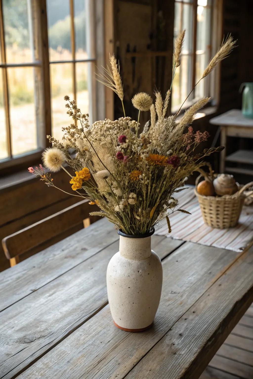 Elegant dehydrated flower arrangement featuring country allure.