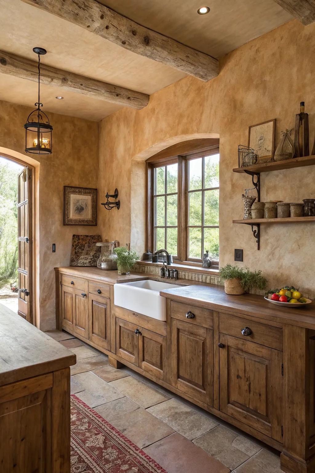 With Venetian plaster, create a warm, rustic atmosphere in your kitchen.