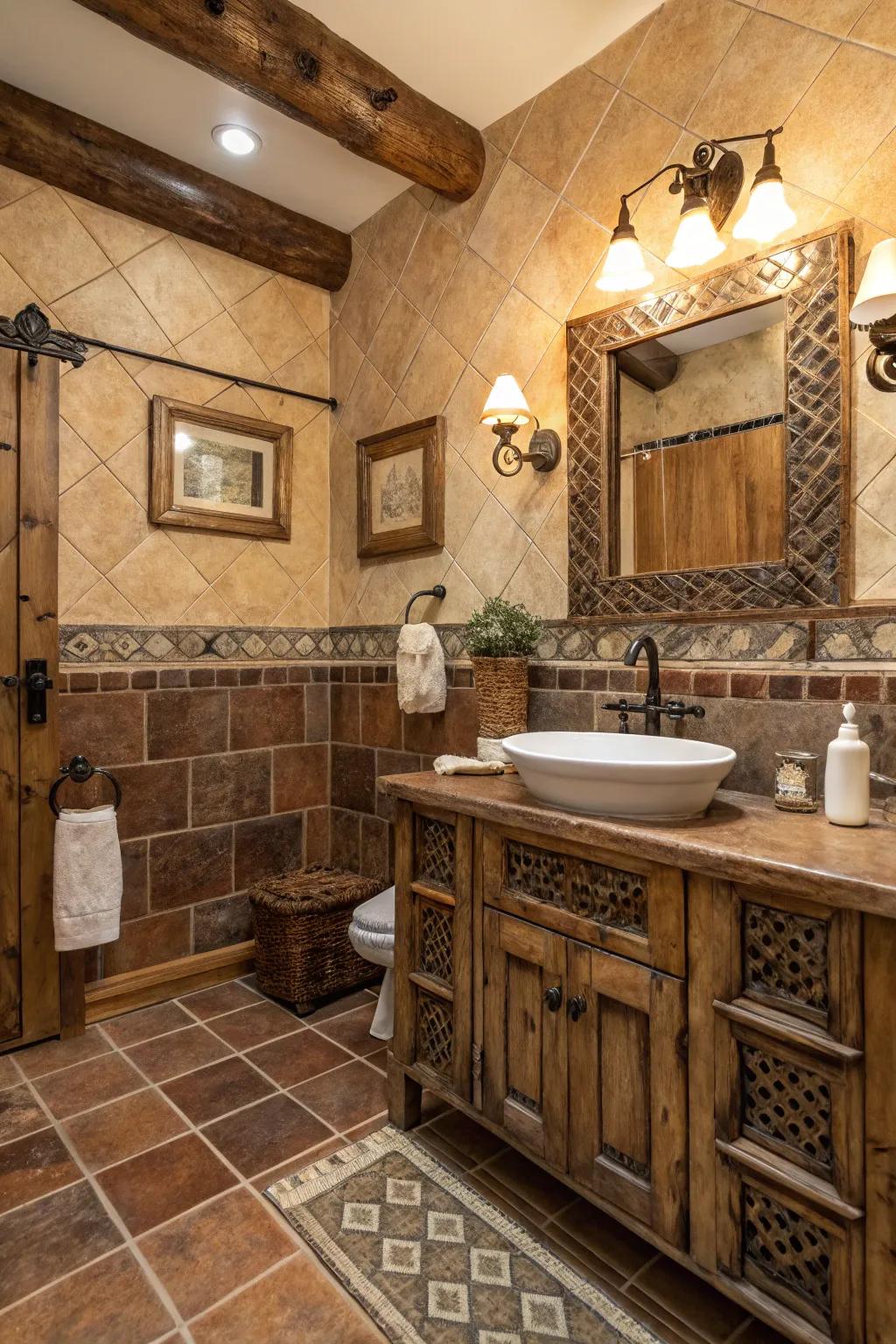 Worn tiles build character and an antique sensation within the bathroom.
