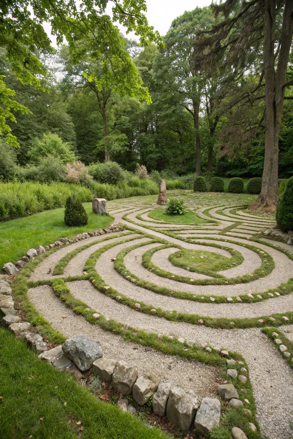 A gravel and grass labyrinth offers a journey rich in textural sensation.