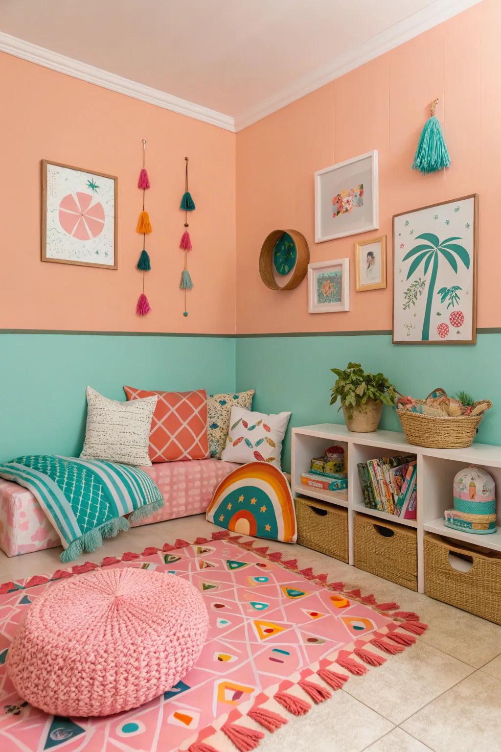 Playful and cheerful with blush walls and aqua trim.