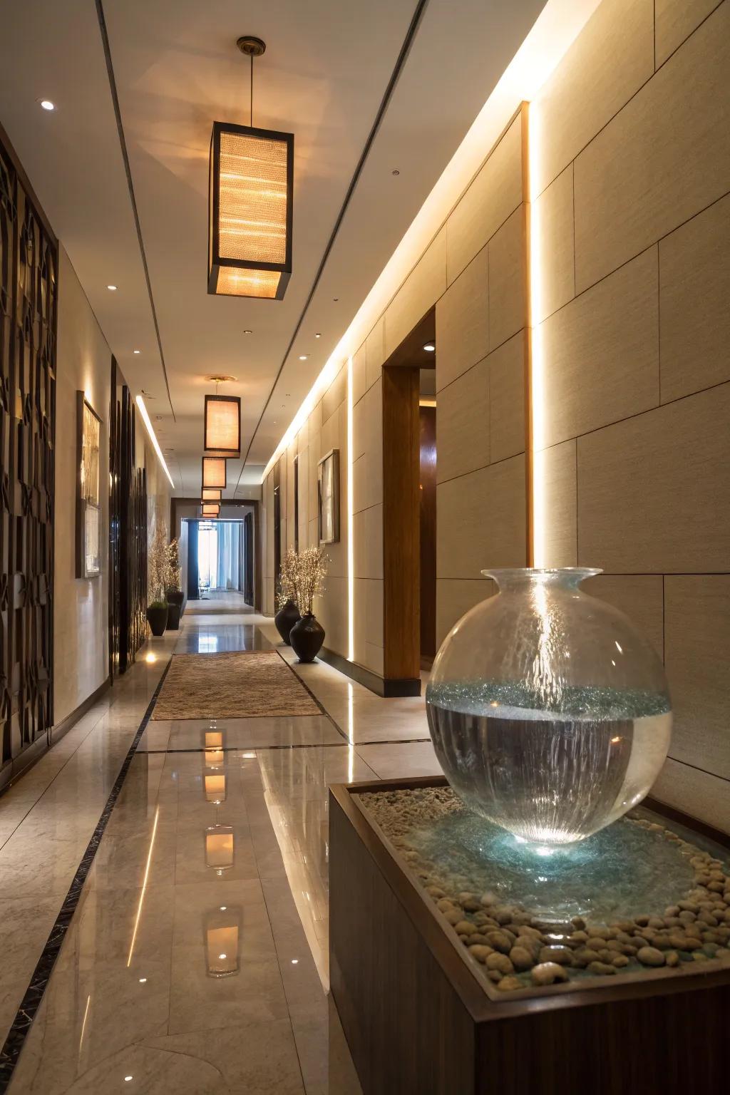 A glass water sculpture provides elegance and intrigue.