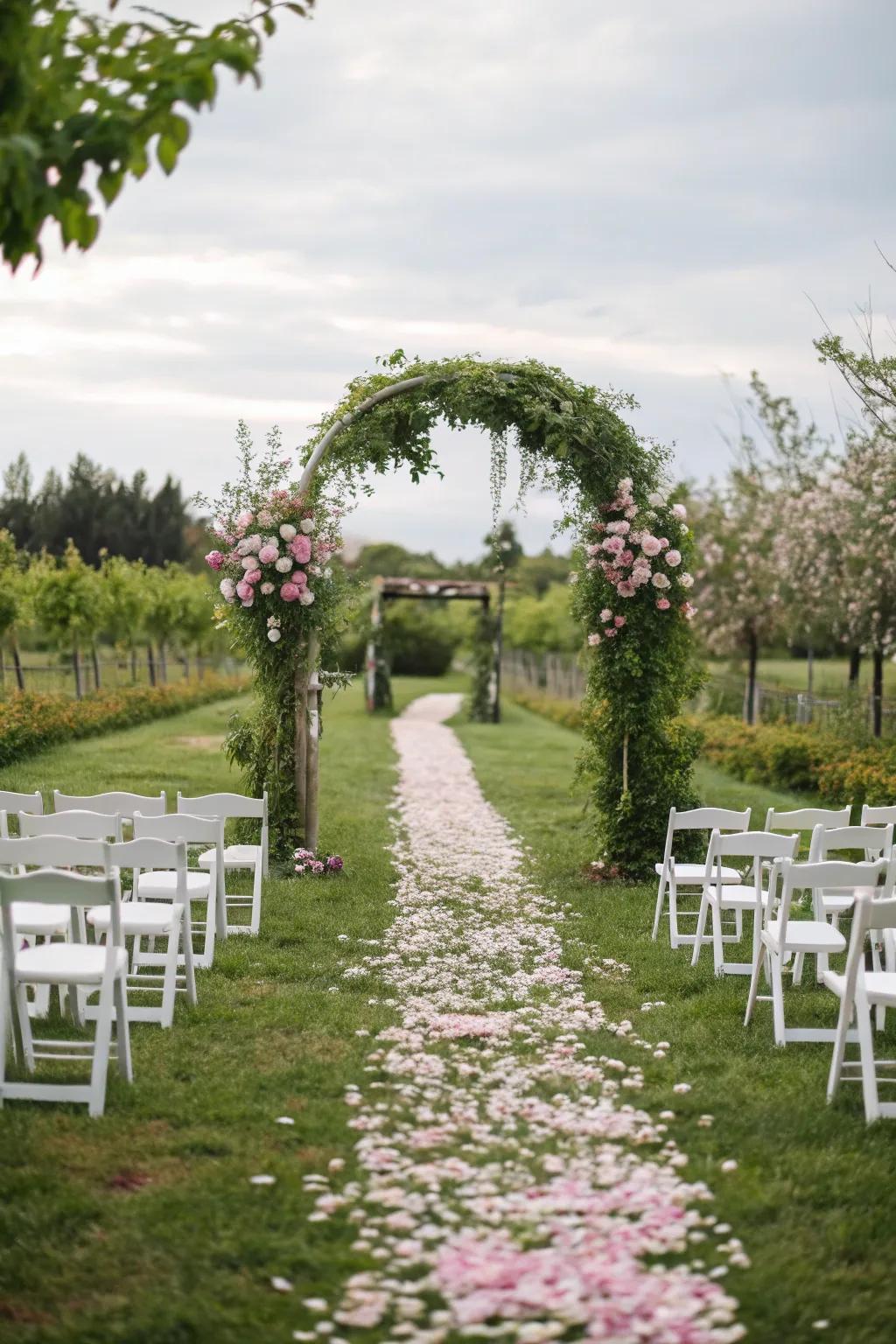 A secret garden aisle with trailing plants forming a natural paradise.