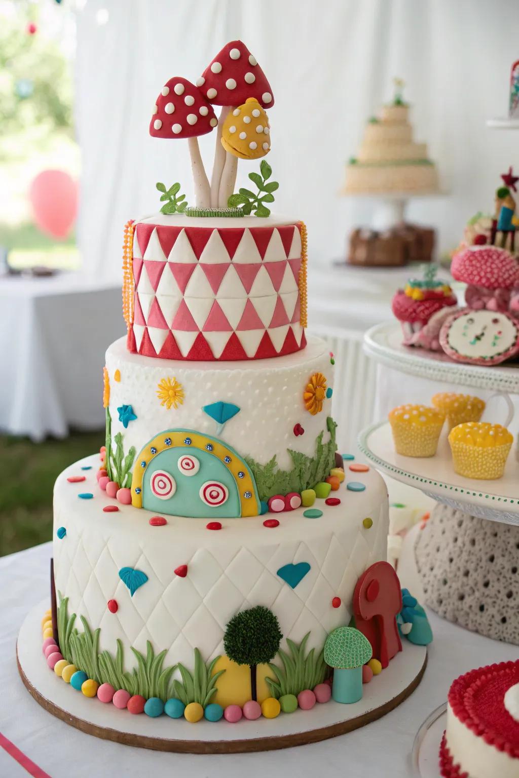 A whimsical wedding cake featuring playful designs that add to the fun.