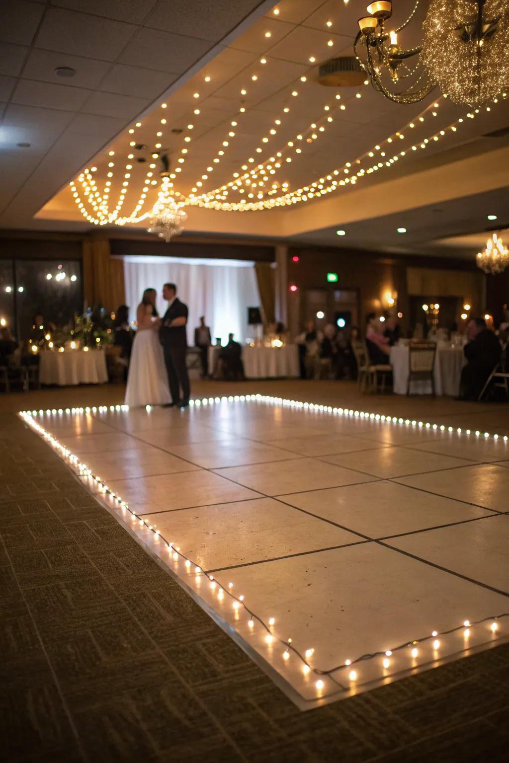 A wedding dancing zone creatively outlined with radiant strands, incorporating a magical detail.